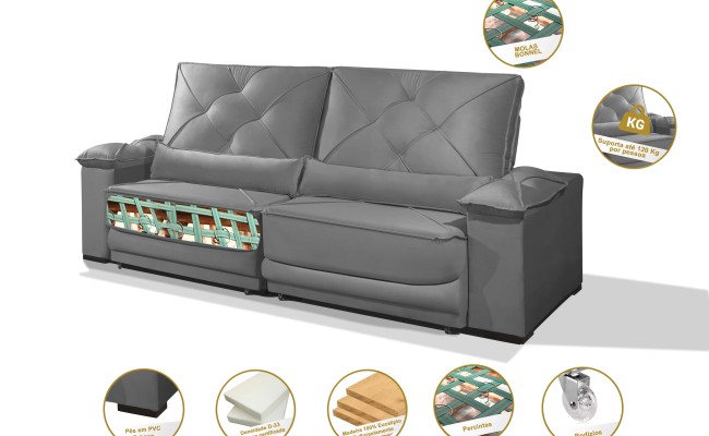 Sofá Retrátil e Reclinável 2.20m ESTILO ESTOFADOS - ODIN com SoftGel D33 Velusoft "Cinza"