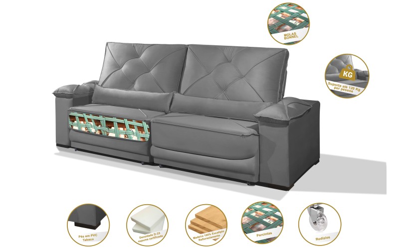 Sofá Retrátil e Reclinável 2.90m ESTILO ESTOFADOS - ODIN com SoftGel D33 Velusoft "Cinza" Sofá Retrátil e Reclinável 2.90m ESTILO ESTOFADOS - ODIN com SoftGel D33 Velusoft "Cinza"
