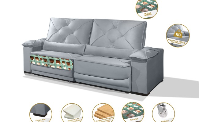 Sofá Retrátil e Reclinável 2.20m ESTILO ESTOFADOS - ODIN com SoftGel D33 Velusoft "Prata"
