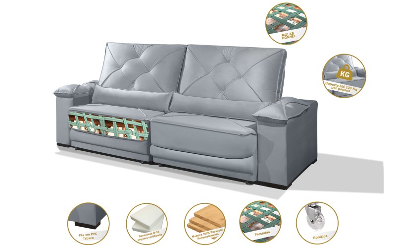 Sofá Retrátil e Reclinável 2.90m ESTILO ESTOFADOS - ODIN com SoftGel D33 Velusoft "Prata" Sofá Retrátil e Reclinável 2.90m ESTILO ESTOFADOS - ODIN com SoftGel D33 Velusoft "Prata"