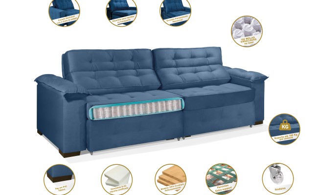Sofá Retrátil e Reclinável 2,10m ESTILO ESTOFADOS - PARIS 2 módulos com Velusoft D33 "AZUL"