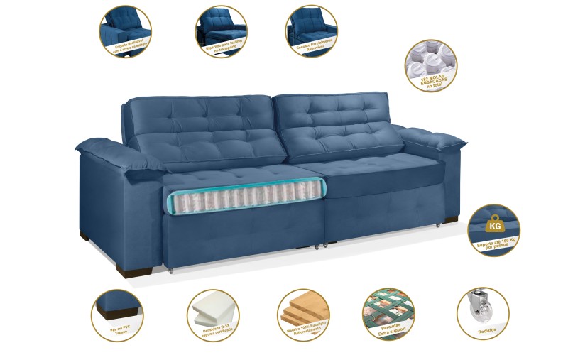 Sofá Retrátil e Reclinável 2,10m ESTILO ESTOFADOS - PARIS 2 módulos com Velusoft D33 "AZUL" Sofá Retrátil e Reclinável 2,10m ESTILO ESTOFADOS - PARIS 2 módulos com Velusoft D33 "AZUL"