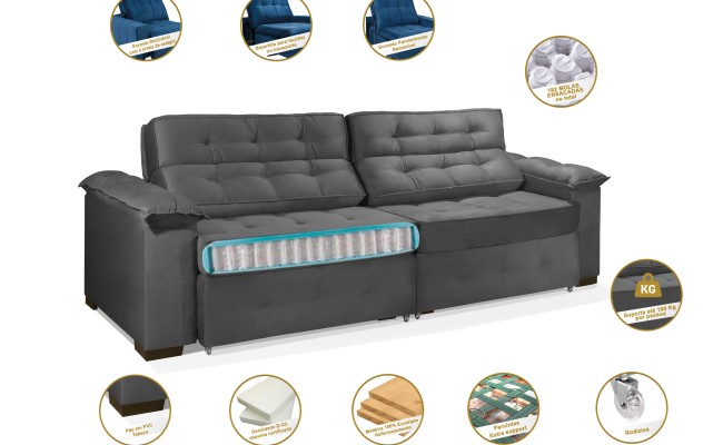 Sofá Retrátil e Reclinável 2,10m ESTILO ESTOFADOS - PARIS 2 módulos com Velusoft D33 "CINZA"
