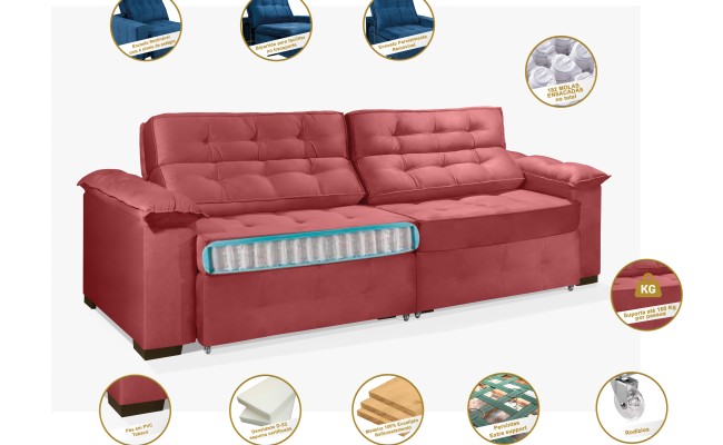 Sofá Retrátil e Reclinável 2,10m ESTILO ESTOFADOS - PARIS 2 módulos com Velusoft D33 "VERMELHO"