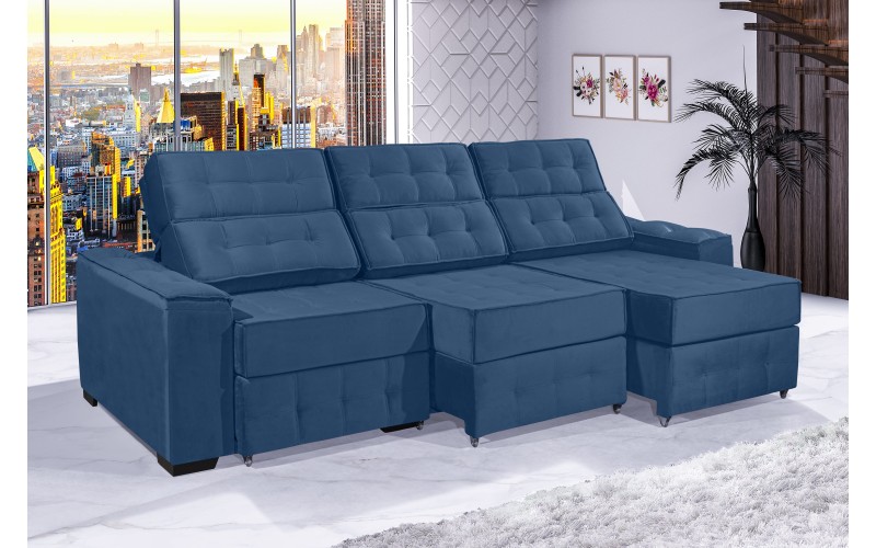 Sofá Retrátil e Reclinável 2,90m ESTILO ESTOFADOS - PARIS 3 módulos com Velusoft D33 "AZUL" Sofá Retrátil e Reclinável 2,90m ESTILO ESTOFADOS - PARIS 3 módulos com Velusoft D33 "AZUL"