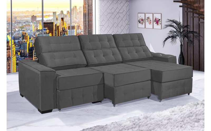 Sofá Retrátil e Reclinável 2,90m ESTILO ESTOFADOS - PARIS 3 módulos com Velusoft D33 "Cinza" Sofá Retrátil e Reclinável 2,90m ESTILO ESTOFADOS - PARIS 3 módulos com Velusoft D33 "Cinza"