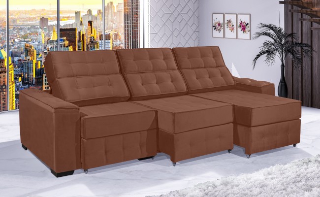 Sofá Retrátil e Reclinável 4,10m ESTILO ESTOFADOS - PARIS 3 módulos com Velusoft D33 "TERRACOTA"