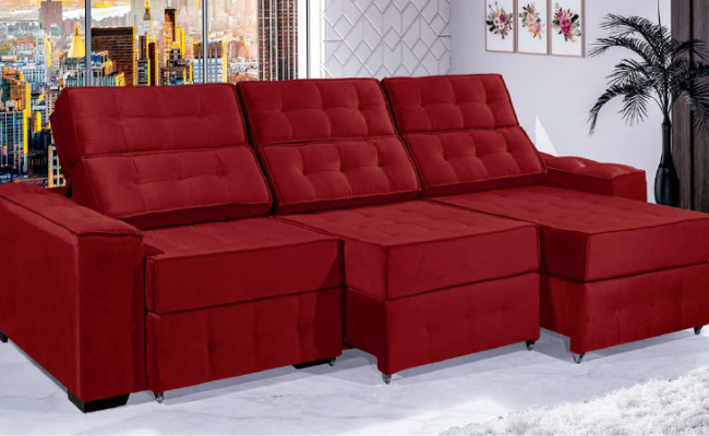 Sofá Retrátil e Reclinável 4,10m ESTILO ESTOFADOS - PARIS 3 módulos com Velusoft D33 "VERMELHO"