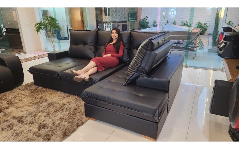 Sofá de Canto Viena em Couro Ecológico 2,98x2,10 | Chaise Retrátil e Reclinável