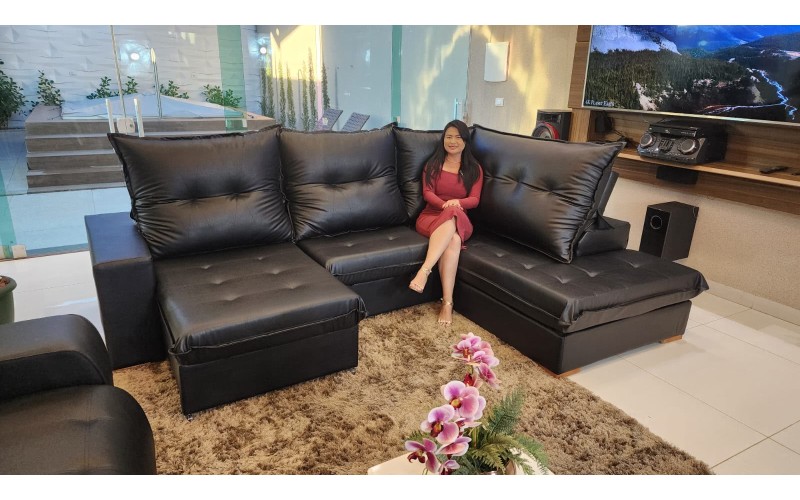 Sofá de Canto Viena em Couro Ecológico 2,98x2,10 | Chaise Retrátil e Reclinável